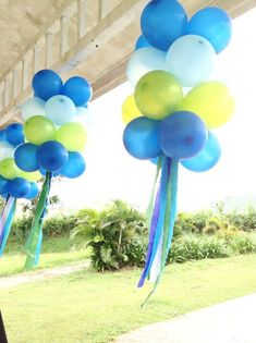 blue and yellow balloons are hanging from the ceiling