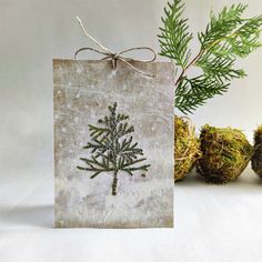 a small christmas card with a pine tree on it