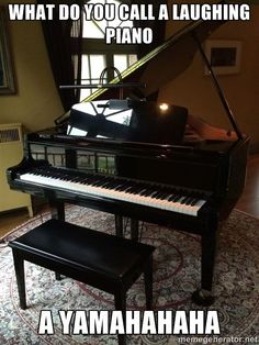 a black piano sitting on top of a rug in front of a window with the caption, what do you call a laughing piano?