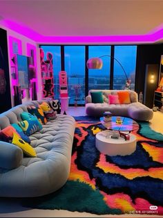 a living room filled with lots of colorful furniture