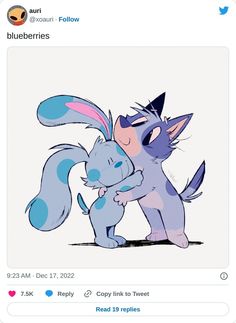 an image of two cartoon animals hugging each other on twitter, with the caption blueberries