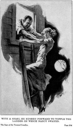 an old advertisement with a man helping a woman out of the window