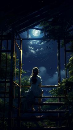 a woman sitting on top of a wooden bench under a full moon filled night sky