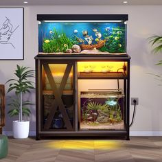 a fish tank with plants and other items in front of it on top of a cabinet