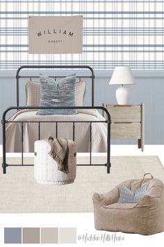 Kids bedroom decor mood board with beige and blue tones Wallpaper Accent Wall Kids Room, Blue Plaid Wallpaper Bedroom, Blue Plaid Nursery, Boys Room Plaid Wallpaper, Boys Room With Wallpaper, Blue Paint Boys Room, Boys Plaid Bedroom, Toddler Boy Accent Wall, Plaid Wallpaper Boys Room