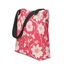 Floral print tote bag with pink background and black handles. Daily Use Floral Print Shoulder Satchel, Floral Print Tote Bag For Everyday Use, Everyday Floral Print Double Handle Shoulder Bag, Floral Print Double Handle Shoulder Bag For Everyday, Everyday Floral Print Shoulder Bag With Double Handle, Floral Print Rectangular Shopping Bag, Floral Print Tote Shoulder Bag, Everyday Floral Print Tote Shoulder Bag, Daily Use Floral Print Satchel Shoulder Bag