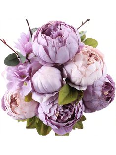 a bouquet of purple flowers on a white background