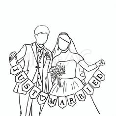 a bride and groom standing next to each other with the words just married on them