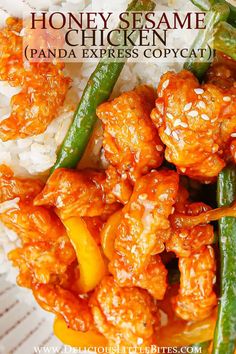 honey sesame chicken with white rice and green beans on a plate in the foreground