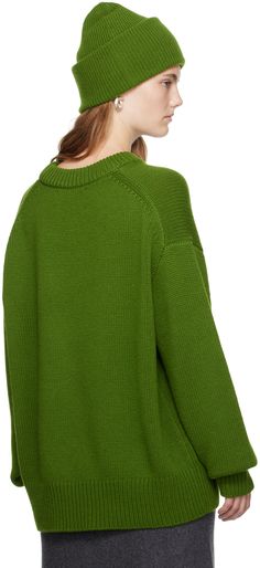 5-gauge and 535 g knit GOTS-certified organic cashmere sweater. · Rib knit crewneck, hem, and cuffs · Dropped shoulders · Extended sleeves Supplier color: Matcha Green Cashmere Sweater With Ribbed Cuffs, Classic Green Sweater With Ribbed Cuffs, Green Sweater With Ribbed Cuffs For Work, Classic Green Relaxed Fit Sweater, Lisa Yang, Knit Crewneck, Cashmere Sweater, Cashmere Sweaters, Drop Shoulder