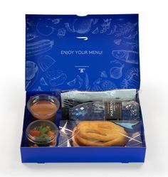 the blue box contains several different types of food