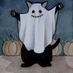 a black and white cat is standing in front of a ghost with two pumpkins