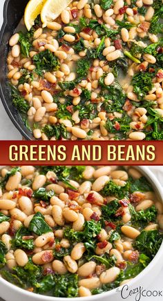 Greens and beans with kale, spinach, and white beans. Sausage Beans Spinach, Beans And Peas Recipe, White Beans With Spinach And Sausage, Green Beans And Kale Recipe, Spinach Kale Recipe, Spinach And Cannellini Beans, Greens And Beans With Sausage, Frozen Spinach Side Dish, Beans And Greens With Sausage