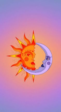 the sun and moon are facing each other in opposite directions on a purple, blue, pink background