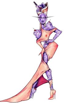 a drawing of a woman in purple dress and heels with her legs spread out to the side