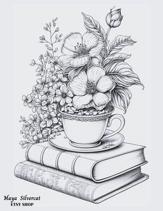 a drawing of flowers in a teacup on top of books