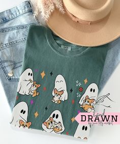 Corgi and Retro Ghost Comfort Colors T-Shirts,Dog Halloween Shirt,Dog Mom Gift,Fall Dog Shirt,Halloween Ghost Dog Shirt,Spooky Dog Shirt Retro Ghost, Graphic Design Software, Dog Mom Gifts