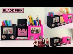 three different pictures of various items made out of paper and pencils, with the words black pink on them