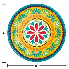 a drawing of a flower on a blue and yellow plate with measurements for the height