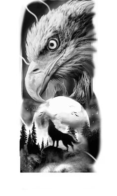 an eagle and wolf are depicted in this black and white photo