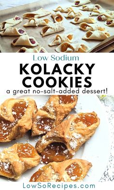 several different kinds of cookies on a plate with text overlay that reads low sown kolacky cookies