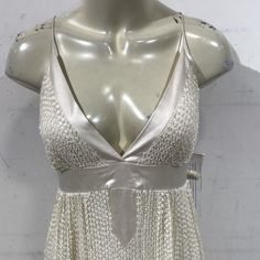 Sequin V Neck Dress Brand Aidan Mattox Size 10 Color White Condition Excellent Silk V-neck Dressy Maxi Dress, Cream Silk V-neck Maxi Dress, Beige V-neck Maxi Dress For Cocktail, Spring Party Silk Dress With V-neck, Beige Silk V-neck Dress, Cream V-neck Mini Dress For Party, Chic Empire Waist Cocktail Dress, Chic Cocktail Dress With Empire Waist, Glamorous Fitted Silk Dress