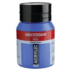 a bottle of acrylic paint on a white background with the words amsterdam in red and blue