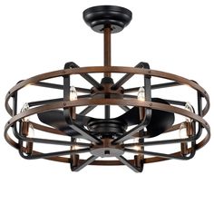 a ceiling light with an iron frame and metal accents on the bottom, including two lights