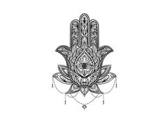 hamsa hand drawn in black and white with an all seeing eye on the center