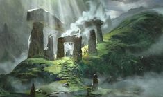 an artist's rendering of a fantasy scene with stonehenge in the foreground