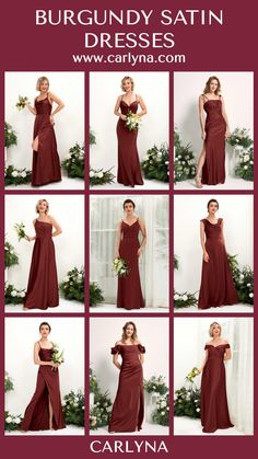 a collage of photos showing the different dresses worn by bridesmaid in burgundy