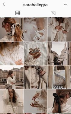 the collage shows many different images of women in white clothing and accessories, including hair clips