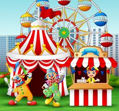 two clowns in front of the circus tent