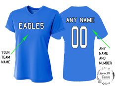 "Womens Jersey Sports-- personalized !! 100 % polyester Personalized Team Name, Text, Name & Number LADIES Jersey Tee (Mens or Youth Styles available- contact us!) All sizes available S - 2XL HOW TO SEND DETAILS: fill out \"personalized box\" at checkout or you can send us the below from in notes to seller at checkout or in a message: Jersey Color: Front Name: Back Name: Back Number: Main Print color for the name and number: Outline Print color: Font Style: Your # in case questions: SAMPLE O Cheap T-shirt With Number Print For Sports Events, Sporty Jersey With Name Print For Sports, Customizable Blue Tops For Sports Events, Collegiate Sports Top With Custom Logo, Collegiate Jersey Tops With Name Print, Team-colored Sporty Sublimation Design With Name Print, Sporty Team-colored Sublimation Design With Name Print, Sports Jersey Tops With Name Print, Sports Tops With Name Print In Jersey