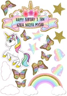 a birthday card with an image of a unicorn, butterflies and rainbows on it