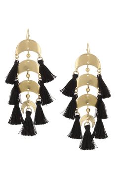 Fringed tassels lend bohemian charm to these polished earrings complete with half-moon drops. 3.25" drop; 1.25" width French wire Goldtone plate/textile Imported Tassel Drop Earrings, French Wire, Earrings In Gold, Tassel Fringe, Half Moon, Clothes And Accessories, Gold Black, Tassels, Gold Tones