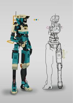 a robot standing next to another robot in front of a gray background