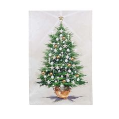 a painting of a christmas tree with gold and white ornaments in a pot on a table