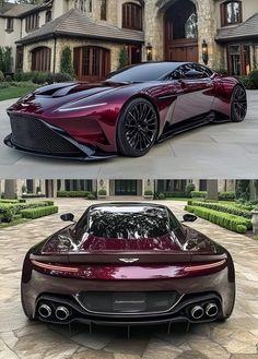 two pictures of a red sports car in front of a house