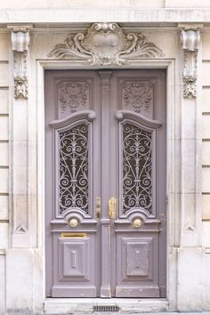 the front door to an old building with ornate iron work on it's doors