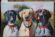 three dogs are shown in this colorful painting