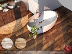 an aerial view of a bathroom with wood flooring and white walls, including a round bathtub