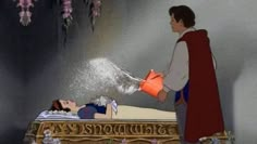 snow white and prince in bed spraying water on each other with an orange canister