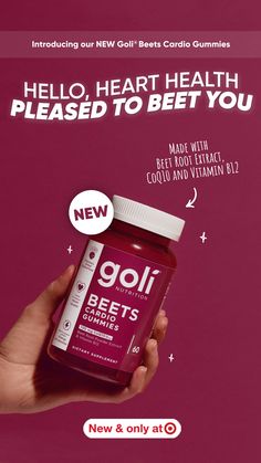 Introducing our BRAND NEW Goli® Beets Cardio Gummies!

These delicious gummies are made with Beet Root Extract, CoQ10 and Vitamin B12.
⭐ Beet Root Extract, nature’s great superfood
⭐ CoQ10 helps support cardiovascular health†
⭐ Vitamin B12 helps support heart health and cellular energy metabolism†
You can’t BEET this!

Available exclusively at Target 🎯
*Coming soon to goli.com! Hello Heart, Cosmetic Inspiration, Beet Root, Adobe Illustrator Graphic Design, Beetroot Powder, Email Design Inspiration, Health Vitamins, A4 Poster, Jive