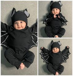 three pictures of a baby wearing a bat costume