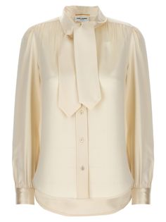 Silk shirt with button closure, lavalliere collar, long cuffed sleeves. Composition: 100% silk | Saint Laurent Women's Lavalliere Silk Shirt in White | SS24 White Silk Top, Saint Laurent Shirt, College Outfit, Moncler Women, Cream Shirt, Wool Shirt, Tuxedo Jacket, Knitwear Cardigan, Silk Shirt