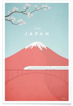 a japanese poster with a train on the tracks and cherry blossom trees in the background