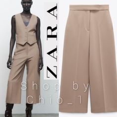 High-Waisted Culottes High Waist Pants With Front Pockets And Back False Welt Pockets . Wide Leg . Front Zip, Metal Hook, And Interior Button Closure . Color: Taupe Brown Outer Shell 78% Polyester 16% Viscose 6% Elastane Measurements Waist: 15in Flat Rise:13.5in Flat Lenght: 36.5in Flat Hips:20.5in Flat New With Chic Pantsuit With Pockets, Chic Pantsuit With Trousers And Pockets, Chic Zara Pantsuit With Ankle-length Pants, Zara Chic Ankle-length Pantsuit, High Waist Summer Pantsuit For Work, Summer High-waisted Pantsuit For Workwear, Zara Tailored Bottoms For Summer, High Waist Spring Pantsuit For Business Casual, Spring High-waisted Business Casual Pantsuit