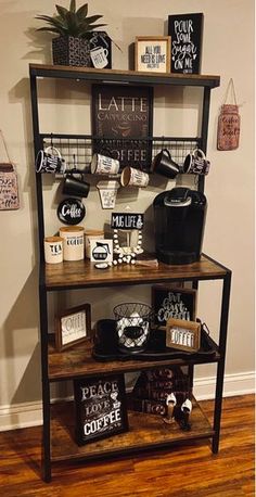 a shelf filled with lots of items on top of a wooden floor