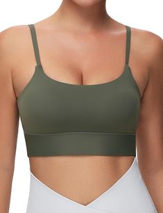 PRICES MAY VARY. High Stretch Fabric: 80% polyamide, 20% spandex. This Sports Bras is made of high stretch fabric, soft, skin-friendly and moisture-wicking. Light Support & Removable Pads: Designed with low-strength support, ideal for light exercise. The Yoga Bras has built-in removable bra pads for easy washing. Adjustable Spaghetti Straps: The Workout Crop Tops is designed with spaghetti straps, easily adjustable to the perfect length for you. Scoop Neck: The Sports Bras features scoop neck an Solid Nylon Sports Bra With Built-in Bra, Nylon Sports Bra With Built-in Bra For Gym, Compressive Green Activewear With Built-in Bra, Green Sports Bra With Built-in Padding For Pilates, Sports Bra With Medium Bust Support For Workout, Sports Bra With Medium Bust Support In Seamless Fabric, High Stretch Seamless Sports Bra With Medium Bust Support, Green Activewear With Built-in Padding For Gym, Seamless Yoga Sports Bra With Medium Bust Support